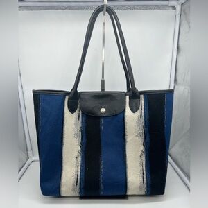 LONGCHAMP Coup De Pinceau EW Tote Blue Striped Canvas Leather Trim Shoulder Bag